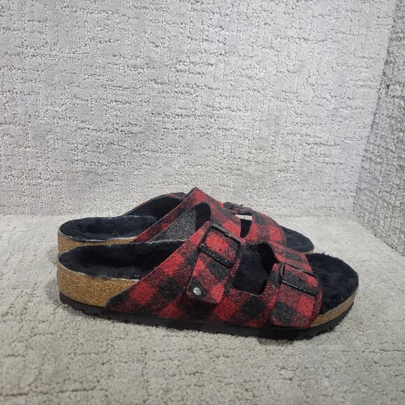 Birkenstock Arizona Shearling Mens Size EU 43 US 10 Rivet Plaid Red Slide Sandal - Picture 8 of 12